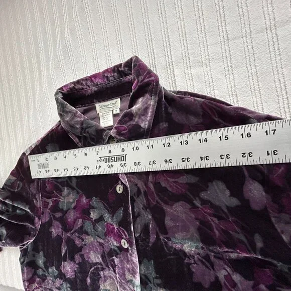 Coldwater Creek Womens Button Up Floral Velvet Tunic Top Medium Purple Back-Slit - Picture 5 of 7